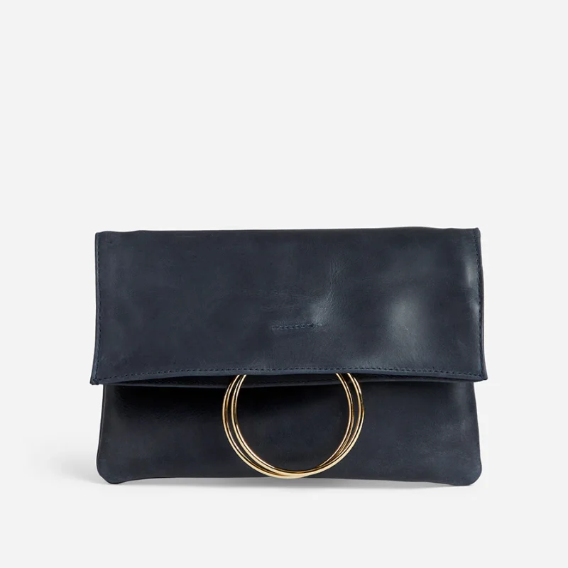 Nyala Full-Grain Leather Foldover Clutch – Navy, Handcrafted in Ethiopia
