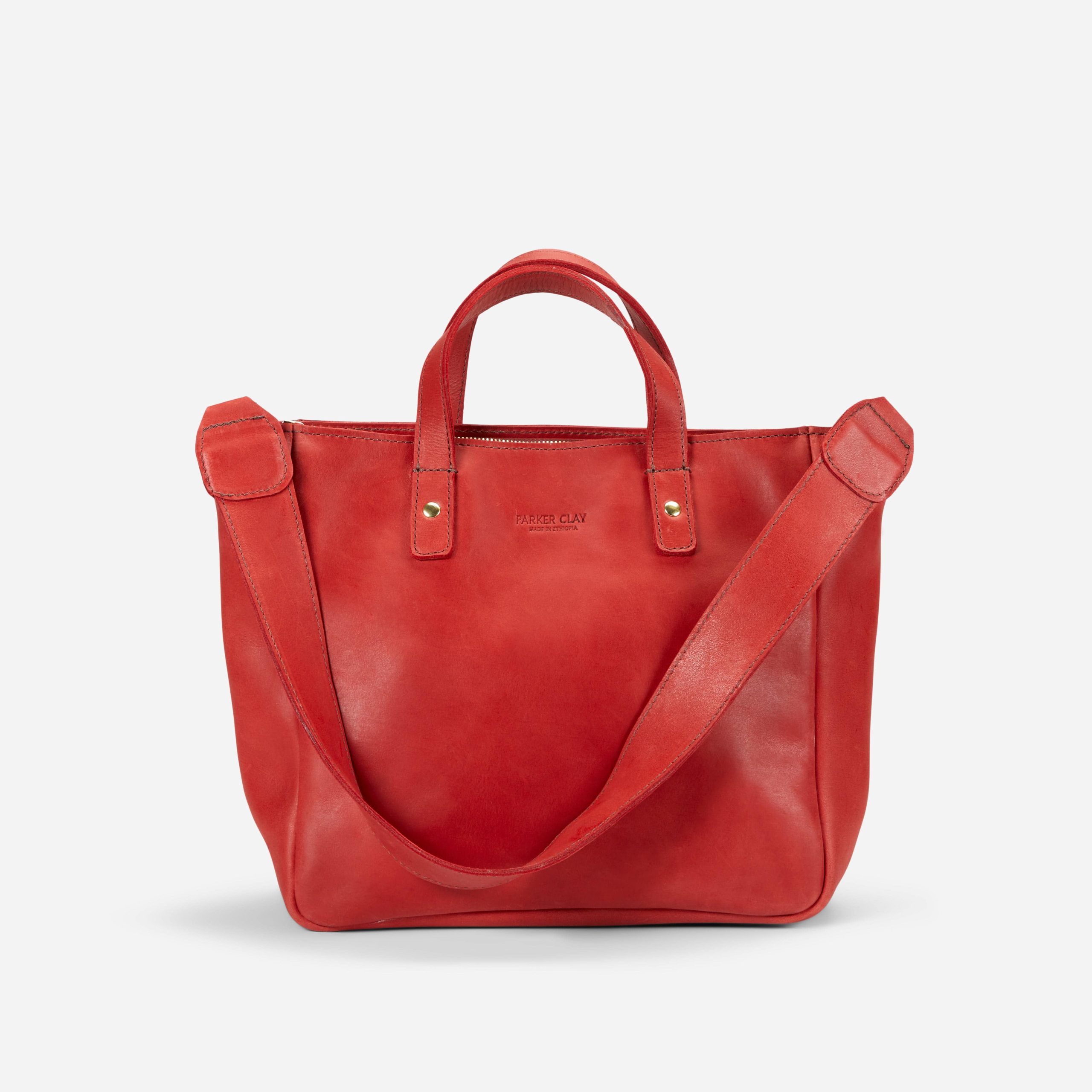 Merkato Small Full-Grain Leather Zip Tote – Red, Handcrafted in Ethiopia