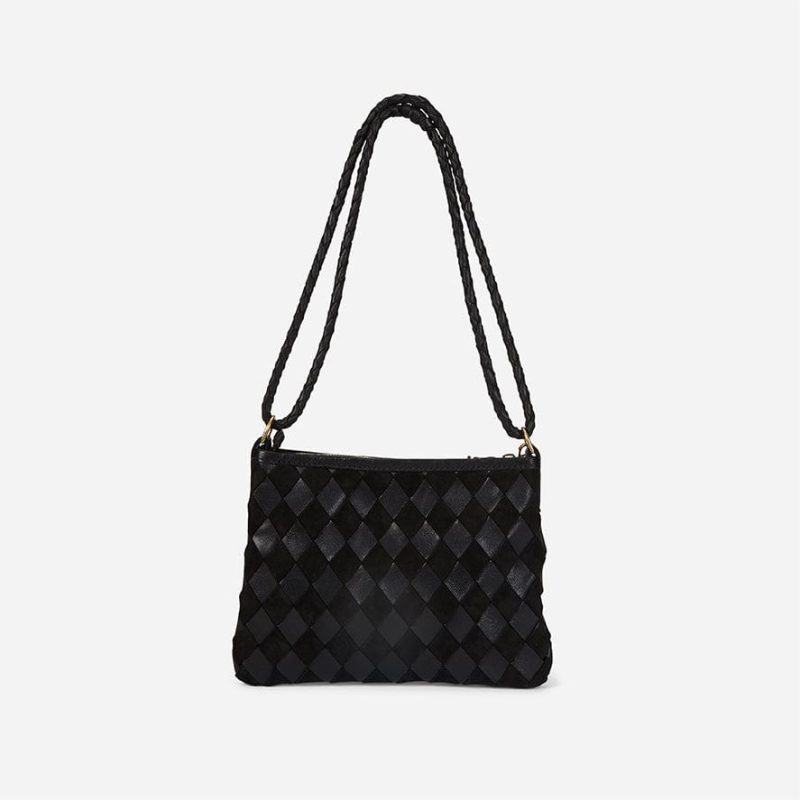 Maraki Full-Grain Woven Leather Crossbody Bag – Black Suede, Handcrafted in Ethiopia