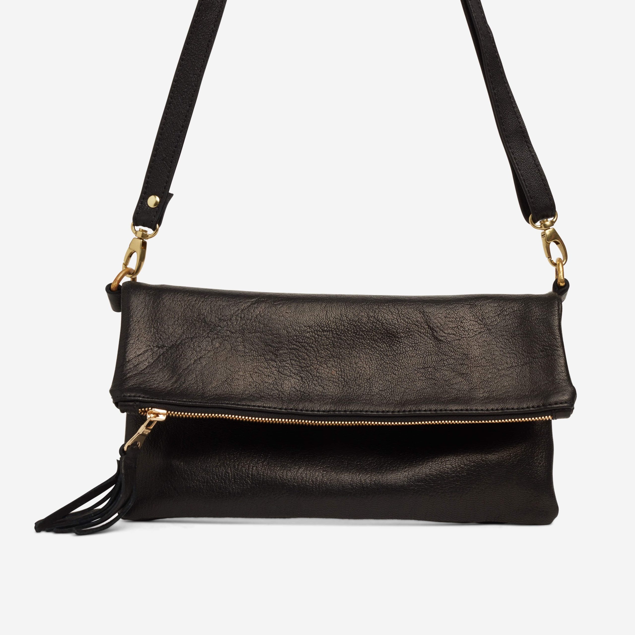 Makeda Full-Grain Ethiopian Goat Leather Crossbody Bag – Black, Handcrafted in Ethiopia