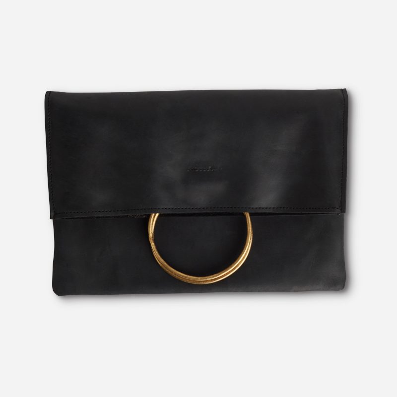 Nyala Full-Grain Leather Foldover Clutch – Black, Handcrafted in Ethiopia