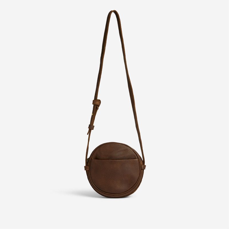 Kyah Full-Grain Leather Circle Crossbody Bag – Dark Brown Milled, Handcrafted in Ethiopia