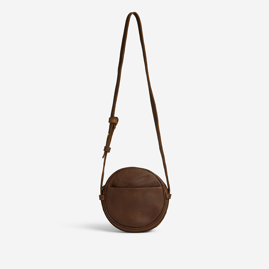 Kyah Full-Grain Leather Circle Crossbody Bag – Dark Brown Milled, Handcrafted in Ethiopia