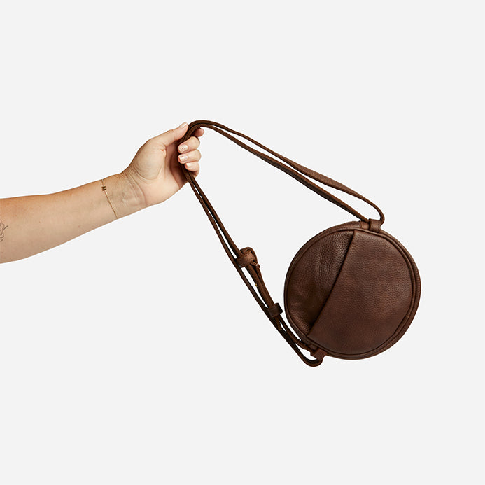Kyah Full-Grain Leather Circle Crossbody Bag – Dark Brown Milled, Handcrafted in Ethiopia - Image 2