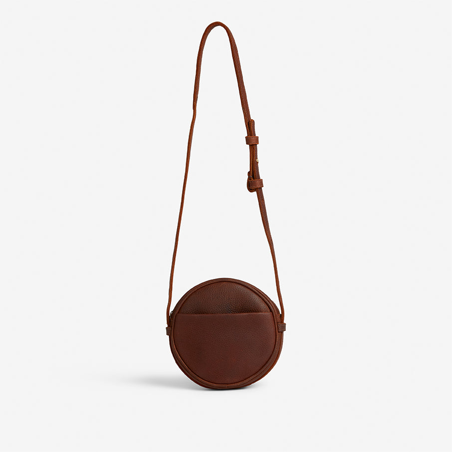 Kyah Full-Grain Leather Circle Crossbody Bag – Bordeaux Milled, Handcrafted in Ethiopia