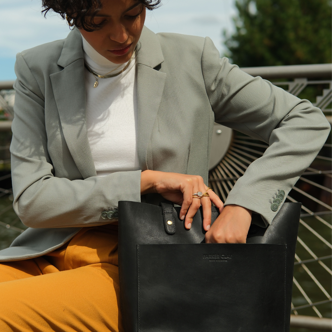 Caroline Small Full-Grain Leather Tote – Black, Handcrafted in Ethiopia - Image 2