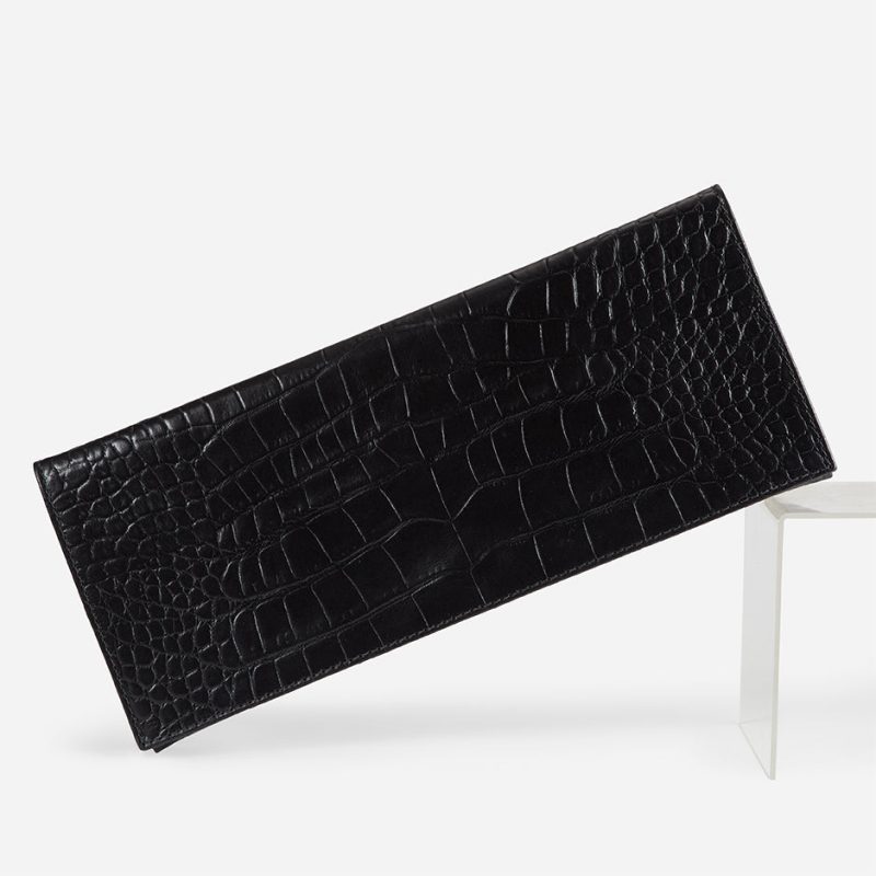 Yeshi Full-Grain Leather Foldover Clutch – Black, Crocodile Embossed, Handcrafted in Ethiopia