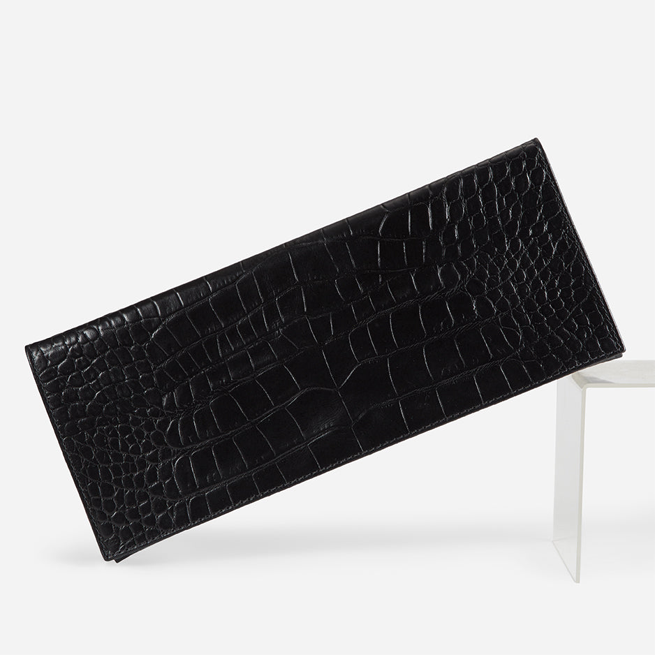 Yeshi Full-Grain Leather Foldover Clutch – Black, Crocodile Embossed, Handcrafted in Ethiopia