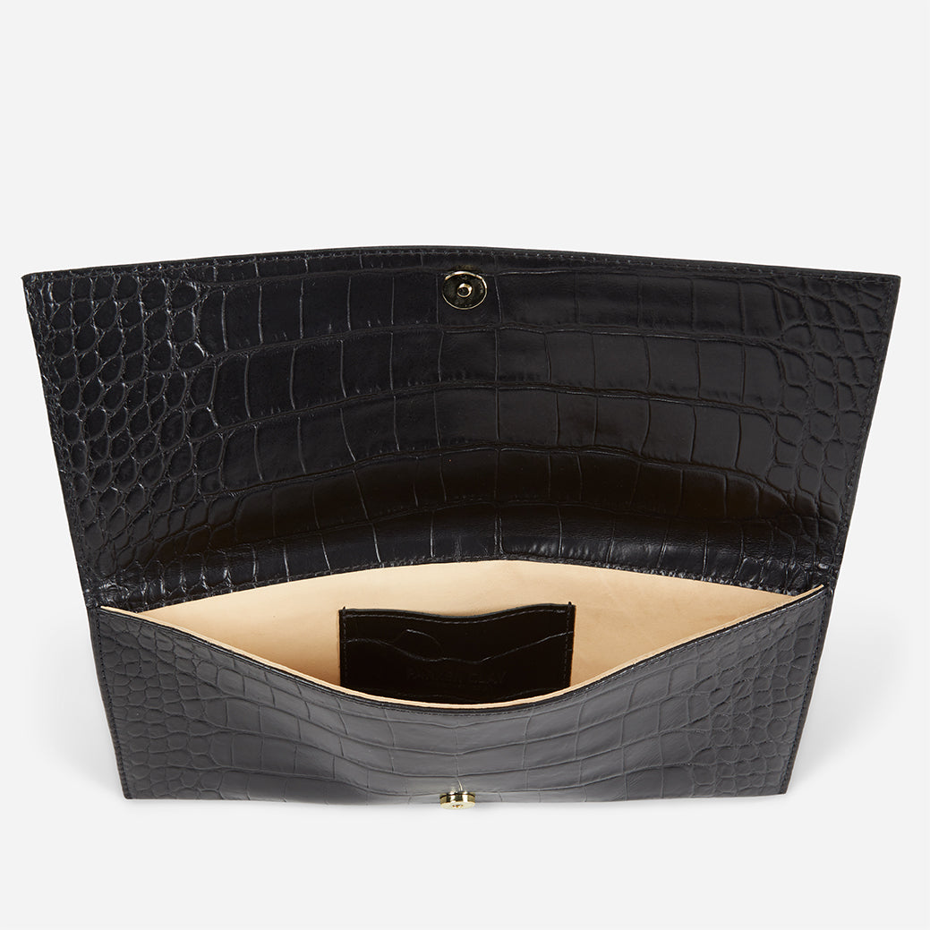 Yeshi Full-Grain Leather Foldover Clutch – Black, Crocodile Embossed, Handcrafted in Ethiopia - Image 6
