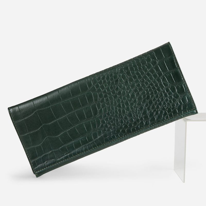 Yeshi Full-Grain Leather Foldover Clutch – Green, Crocodile Embossed, Handcrafted in Ethiopia