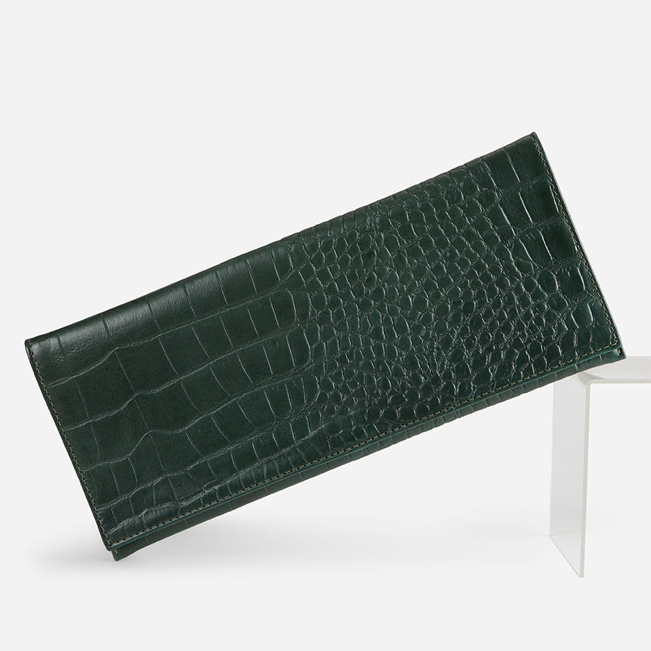Yeshi Full-Grain Leather Foldover Clutch – Green, Crocodile Embossed, Handcrafted in Ethiopia