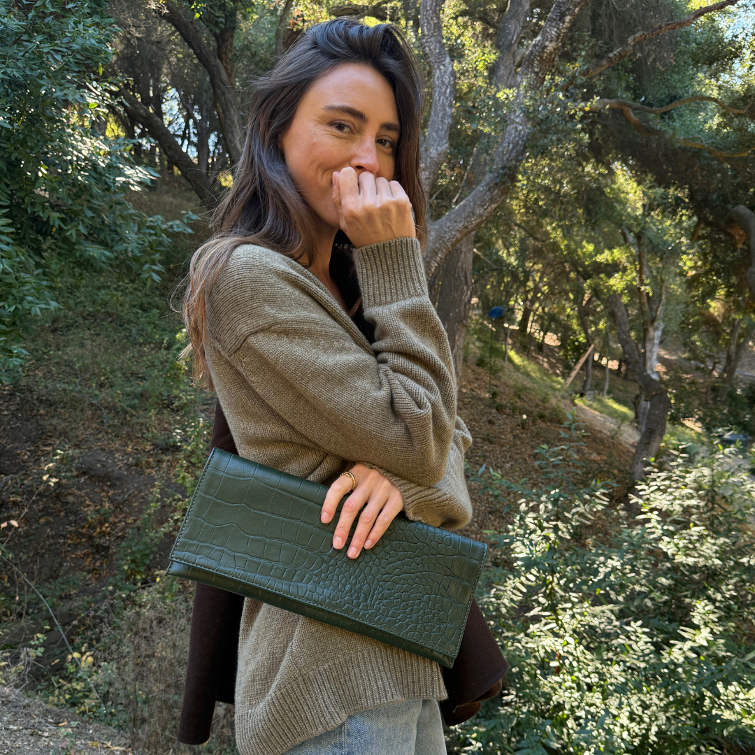 Yeshi Full-Grain Leather Foldover Clutch – Green, Crocodile Embossed, Handcrafted in Ethiopia - Image 3