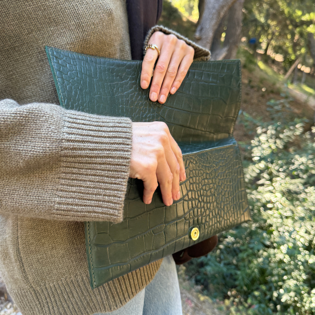 Yeshi Full-Grain Leather Foldover Clutch – Green, Crocodile Embossed, Handcrafted in Ethiopia - Image 4