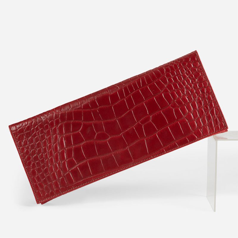 Yeshi Full-Grain Leather Foldover Clutch – Red, Crocodile Embossed, Handcrafted in Ethiopia