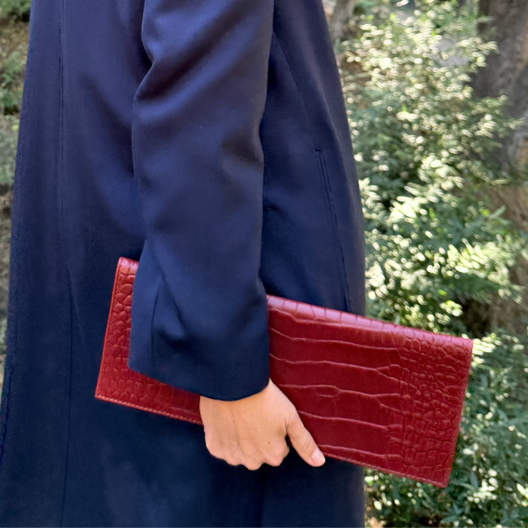 Yeshi Full-Grain Leather Foldover Clutch – Red, Crocodile Embossed, Handcrafted in Ethiopia - Image 2